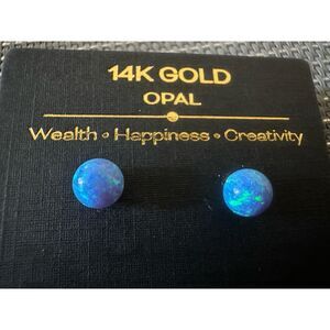 14K Solid Yellow Gold Blue Opal Stud Earrings
